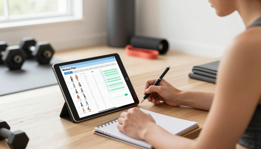 A clean, organized workspace featuring a personalized workout plan displayed on a modern tablet. In the foreground, the tablet shows a detailed workout schedule with various exercises, sets, and progress tracking. In the middle ground, a fit individual in professional athletic wear, focusing intently on their tablet, taking notes with a stylish pen on a notepad. The background includes a well-equipped home gym with weights, resistance bands, and a yoga mat, all bathed in soft, natural lighting from a nearby window. The mood is motivational and empowering, conveying a sense of focus and determination on fitness goals. The perspective is slightly angled, showcasing the tablet and the individual in a dynamic and engaging way.