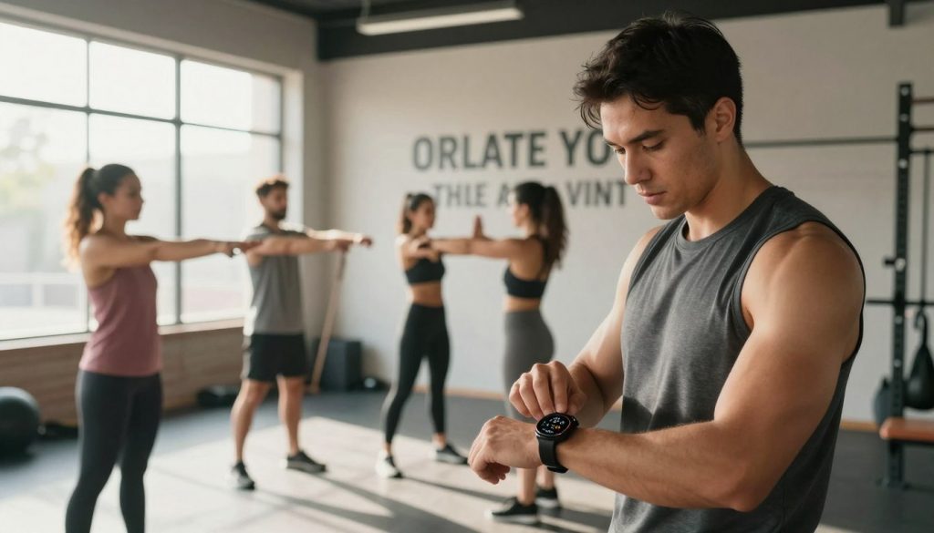 A determined individual in professional athletic wear, standing in a sunlit gym, is engaging with a modern fitness tracker on their wrist. In the foreground, they are analyzing a digital display of health metrics, showcasing data like heart rate and calories burned. In the middle ground, a diverse group of people are interacting; some are stretching, while others are lifting weights, all demonstrating teamwork and support in their health improvement journeys. The background features motivational quotes on the walls and bright, natural lighting pouring in through large windows, creating an uplifting atmosphere. The camera angle is at eye level, capturing the focus and determination on the individuals' faces, with a warm, inspiring mood evoking resilience and commitment to overcoming challenges.