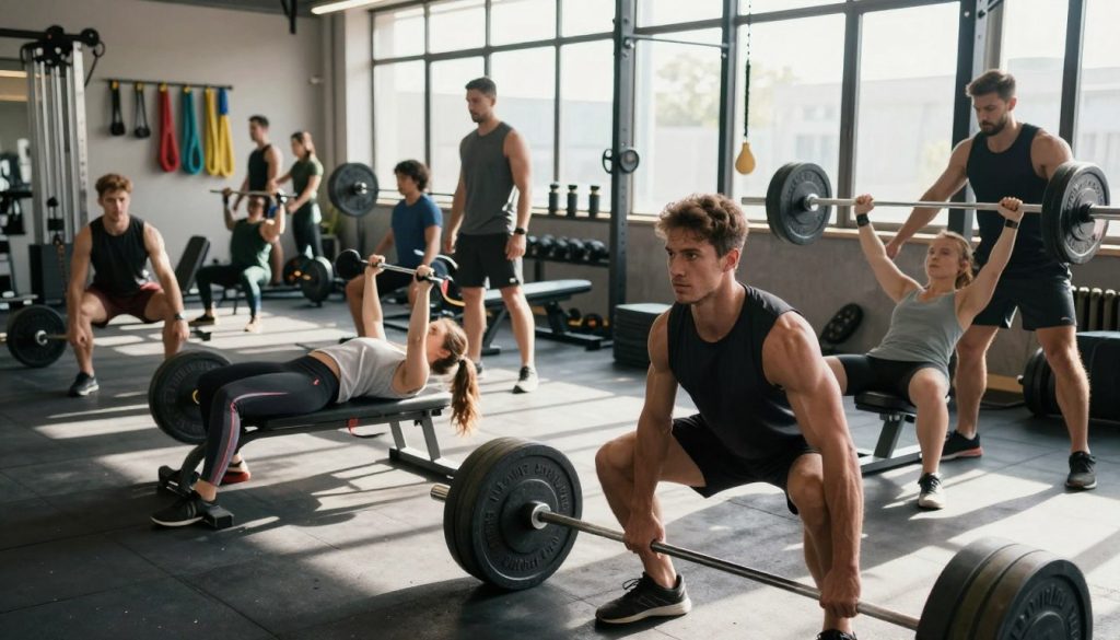A dynamic fitness gym scene showcasing athletes engaged in strength training. In the foreground, a focused male athlete with a determined expression performs a deadlift, showcasing his muscular physique. Beside him, a female athlete executes a bench press, her form precise and powerful. The middle ground features a diverse group of athletes using free weights and resistance machines, emphasizing collaboration and intensity in their training. The background highlights gym equipment: racks of weights and resistance bands. Bright, natural lighting floods the space from large windows, casting dramatic shadows that enhance the mood of motivation and discipline. An overall atmosphere of energy and commitment to athleticism is palpable, underscoring the essence of optimizing body performance through strength training.
