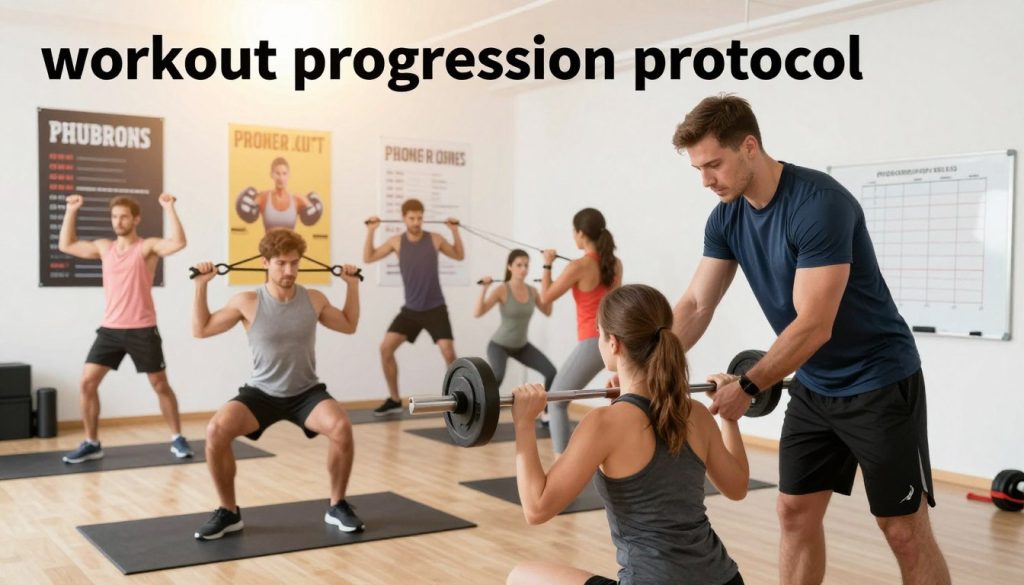 A dynamic illustration of a "workout progression protocol" featuring a diverse group of individuals in a well-lit gym setting. In the foreground, a focused personal trainer, dressed in professional athletic wear, monitors a client as they lift weights, demonstrating proper technique. In the middle ground, another person is performing resistance band exercises, showcasing various stages of progression. The background includes motivational posters displaying workout goals and a whiteboard with charts tracking progress in body transformation. The lighting is bright and energetic, with a lens effect emphasizing the movement and determination in each individual. The mood is inspiring and supportive, emphasizing growth and improvement in fitness.