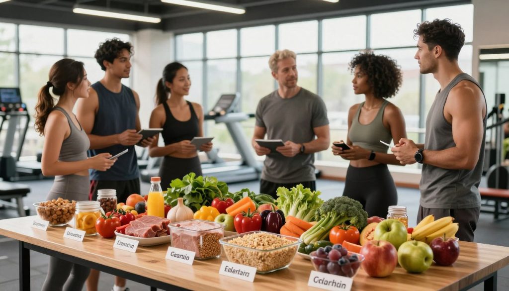 A dynamic scene depicting a nutrition plan for athletic performance. In the foreground, a well-organized table showcases an array of nutritious foods such as lean proteins, whole grains, colorful vegetables, and fruits, each labeled with their nutritional benefits. In the middle ground, a diverse group of athletes—dressed in professional, modest activewear—are engaged in a discussion about their meal plans, with a sense of camaraderie and focus. The background features a modern gym or training facility, with large windows allowing natural light to flood the space, creating a bright and energetic atmosphere. The scene conveys motivation, health, and teamwork. Opt for a wide-angle perspective to capture both the food and the athletes, with warm lighting that enhances the inviting feel of healthy eating in relation to peak athletic performance.