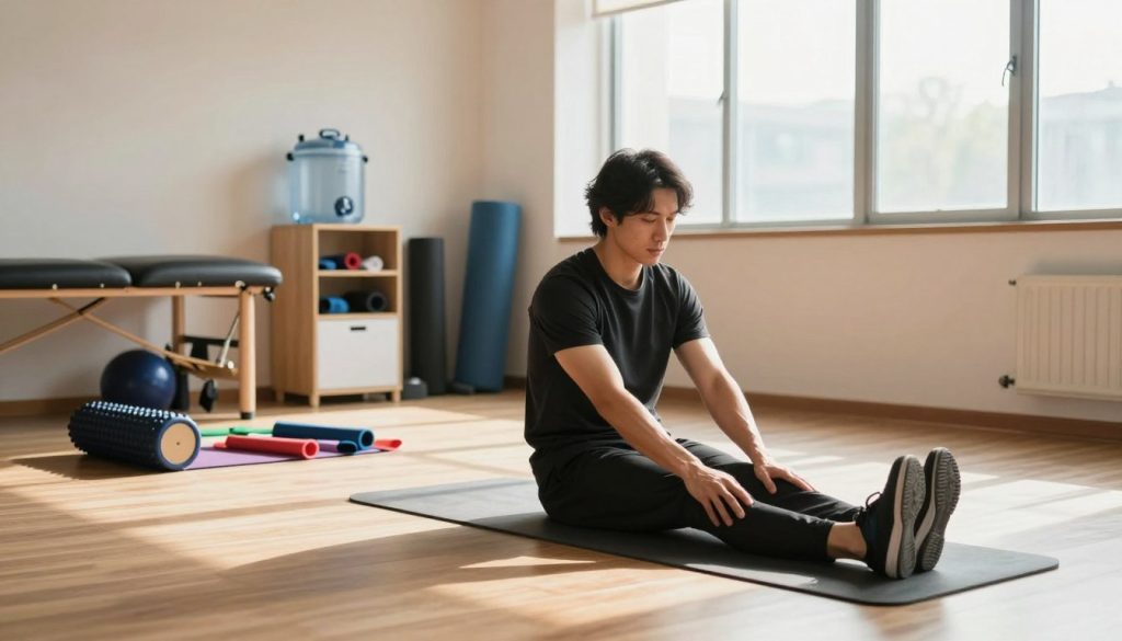 A dynamic scene depicting peak performance strategies in athletic training. In the foreground, a focused athlete in professional sports gear demonstrates a recovery technique, such as deep stretching on a yoga mat. In the middle ground, a serene gym environment with various recovery tools like foam rollers, resistance bands, and a hydration station. In the background, a large window allows natural light to illuminate the space, casting soft shadows. The overall mood conveys determination and calmness, encouraging a sense of balance and strength. Use a wide-angle lens to capture the entire scene, emphasizing the athlete's form and the organized training space. The lighting should be bright yet warm, creating an inviting atmosphere for optimal performance and recovery.
