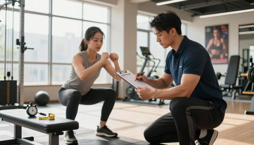 A modern fitness assessment scene in a bright, well-equipped gym. In the foreground, a professional trainer, wearing a smart polo shirt and athletic pants, closely examines a clipboard with performance metrics while attentively observing a client. The client, dressed in modest workout attire, is engaged in a strength test, executing a squat with focused determination. In the middle ground, various fitness assessment tools, including a stopwatch and measuring tape, are neatly arranged on a bench. Soft, natural lighting streams through large windows, casting gentle shadows that enhance the professional atmosphere. In the background, exercise equipment and motivational posters add to the dynamic feel of the space. The overall mood is focused, empowering, and supportive, ideal for establishing a performance baseline.