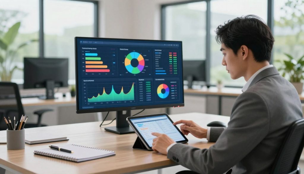A sleek, modern workspace featuring a sophisticated digital dashboard displaying colorful graphs and metrics related to metabolic efficiency tracking. In the foreground, a professional individual dressed in business attire, intently examining data on a tablet, conveying focus and determination. The middle layer showcases a large screen with vibrant charts illustrating progress and adjustments, while a notepad and pen sit nearby. In the background, soft, ambient lighting creates a calm atmosphere, with a large window revealing a serene outdoor view of greenery, symbolizing vitality and growth. The mood is motivational and forward-thinking, emphasizing precision and the pursuit of optimal health. Use a wide-angle lens to capture the technology-rich environment in a bright, well-lit setting.