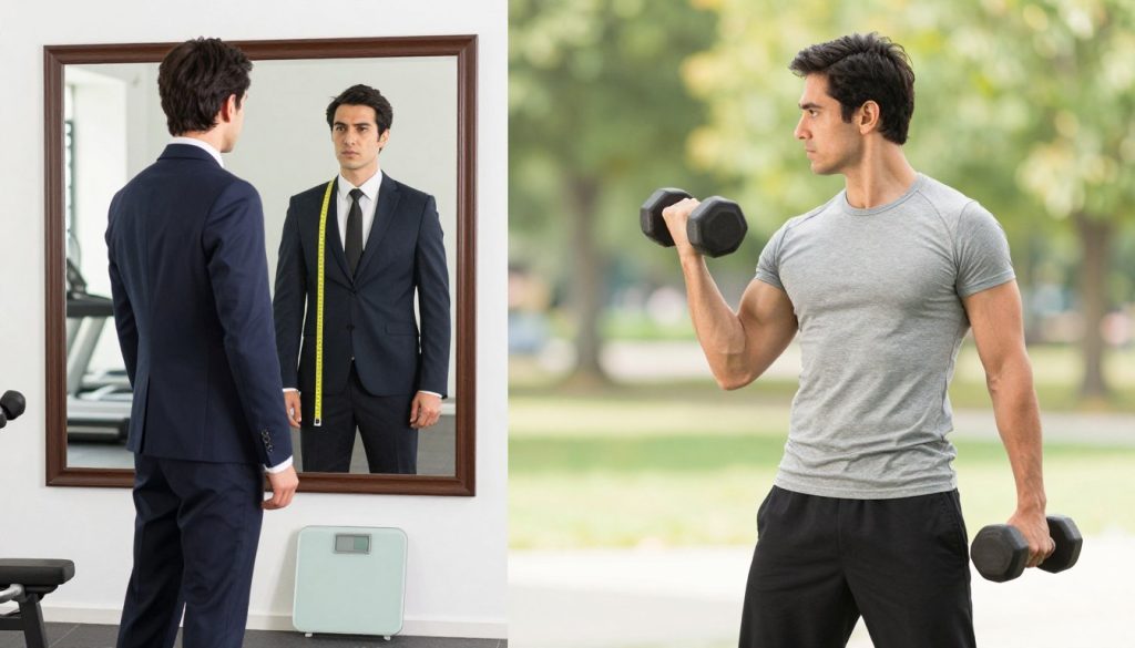A split-screen image illustrating a body recomposition transformation journey. On the left, a professional business attire-clad person at the beginning of their journey, looking at their reflection with determination, framed in a well-lit gym environment, emphasizing progress tracking with tools like a scale and body measurements. On the right, the same person in modest casual clothing, showcasing a fit physique and significant transformation, while exercising with dumbbells, set in an outdoor park with bright yet soft natural lighting. The background transitions from an indoor gym to an inspiring outdoor scene, symbolizing progress and growth. The mood is empowering and hopeful, highlighting commitment and transformation.