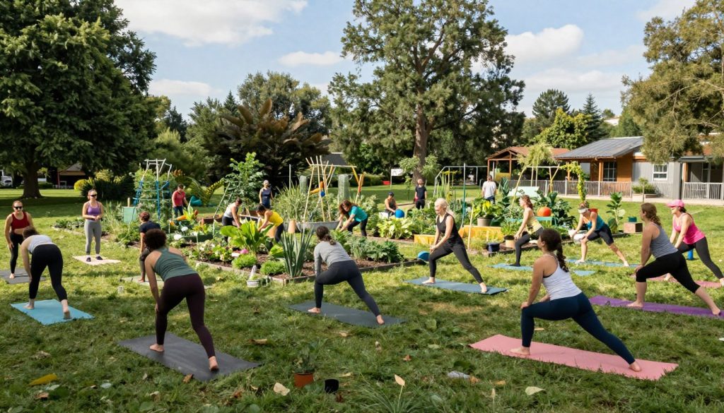 A vibrant and inviting scene showcasing a sustainable fitness community in a spacious outdoor park setting. In the foreground, a diverse group of individuals in modest activewear engages in various exercises like yoga, circuit training, and group runs, all radiating positive energy and camaraderie. In the middle ground, a community garden flourishes, with people tending to plants, symbolizing the integration of fitness and sustainable living. In the background, tall trees and eco-friendly structures create a serene environment under a bright blue sky. Soft, natural lighting enhances the lively atmosphere, casting gentle shadows. The angle is slightly elevated to capture the dynamic interactions among community members while emphasizing the lush surroundings, conveying a sense of harmony and long-term commitment to health and wellness.