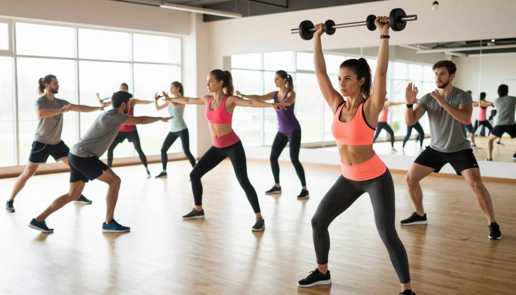 A vibrant gym scene depicting a diverse group of individuals engaging in various forms of exercise to enhance metabolic health. In the foreground, a woman in stylish athletic wear performs strength training with weights, displaying determination and focus. Beside her, a man demonstrates dynamic stretching exercises, emphasizing flexibility. In the middle ground, another group is seen collaborating in a high-intensity interval training (HIIT) session, showcasing teamwork and encouragement. The background features an expansive gym with bright, natural lighting streaming through large windows, creating an energizing atmosphere. Use a wide-angle lens to capture the action and camaraderie, all while maintaining a lively and motivational mood that inspires viewers to embrace exercise as a key component of metabolic improvement.
