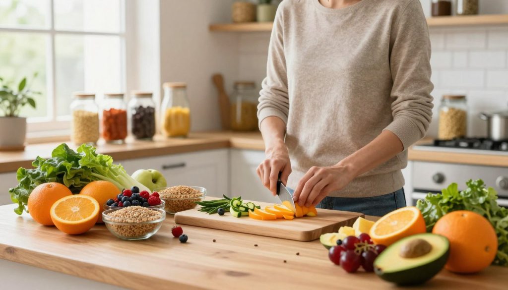 A vibrant kitchen scene showcasing a diverse range of colorful, fresh foods emphasizing nutrient-rich ingredients. In the foreground, a wooden table is adorned with bright fruits like oranges, berries, and avocados, alongside whole grains and leafy greens. In the middle, a person dressed in modest casual clothing prepares a healthy meal, slicing vegetables with a focused expression. The background features shelves filled with spices and jars of grains, bathed in warm, natural light filtering through a large window, creating an inviting atmosphere. The composition conveys a sense of wellness and intentional eating, perfect for illustrating the theme of optimizing eating patterns for metabolic health. The image should be bright and uplifting, evoking a feeling of health and vitality.